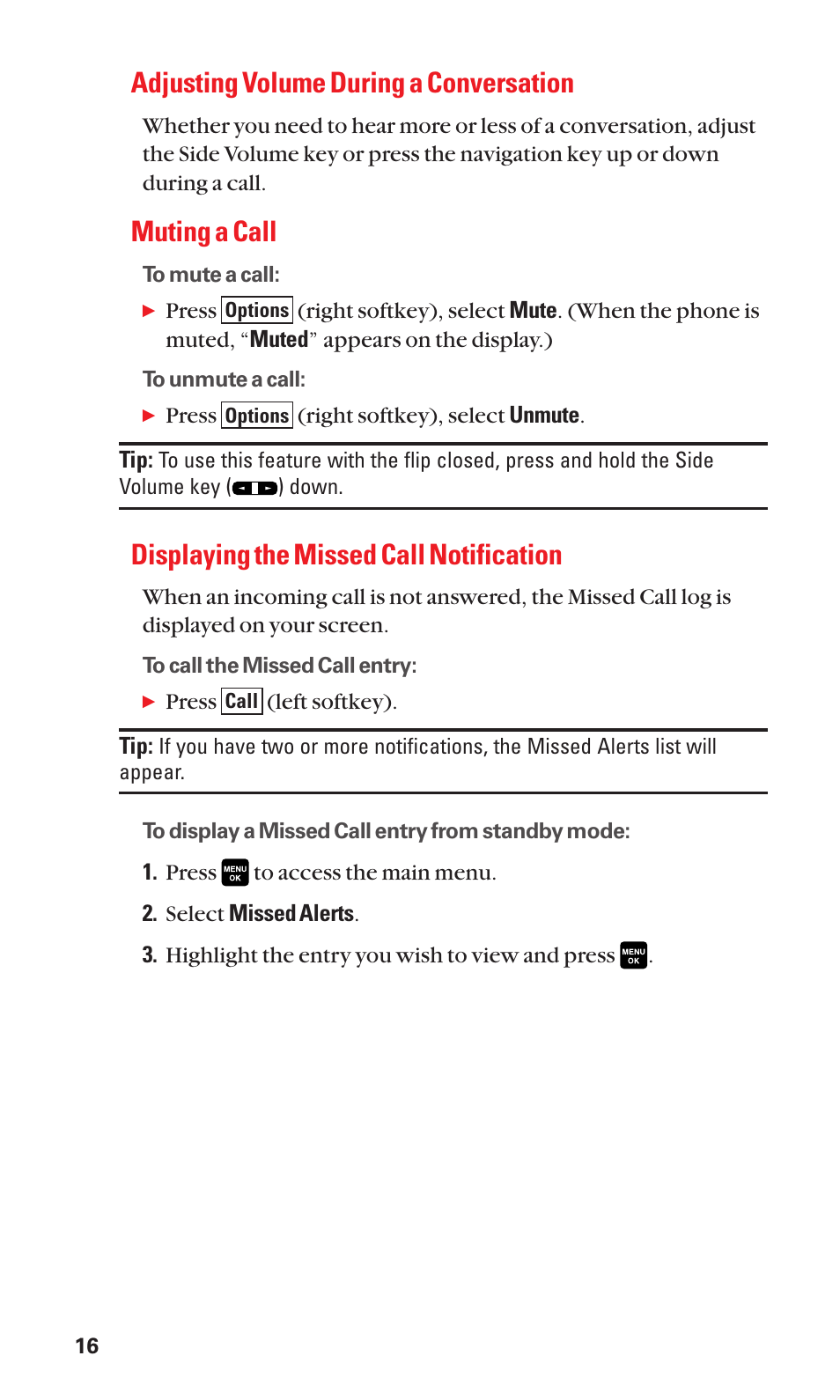 Adjusting volume during a conversation, Muting a call, Displaying the missed call notification | Sanyo Katana Cell Phone User Manual | Page 24 / 151