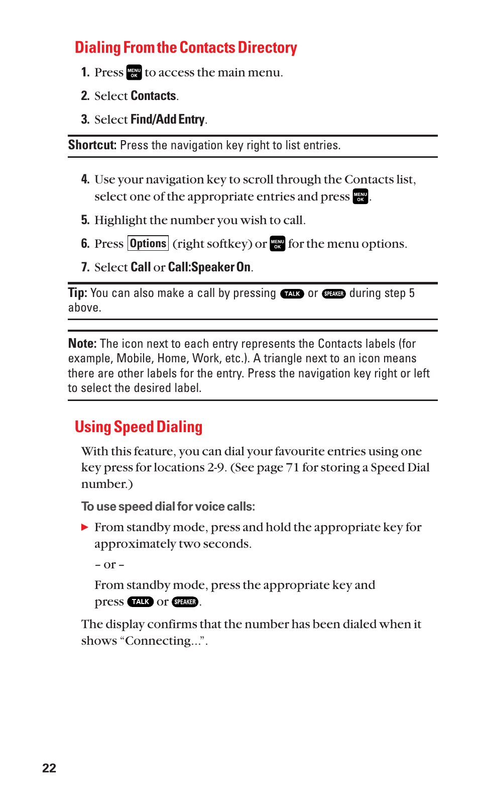 Dialing from the contacts directory, Using speed dialing | Sanyo Katana Cell Phone User Manual | Page 30 / 151