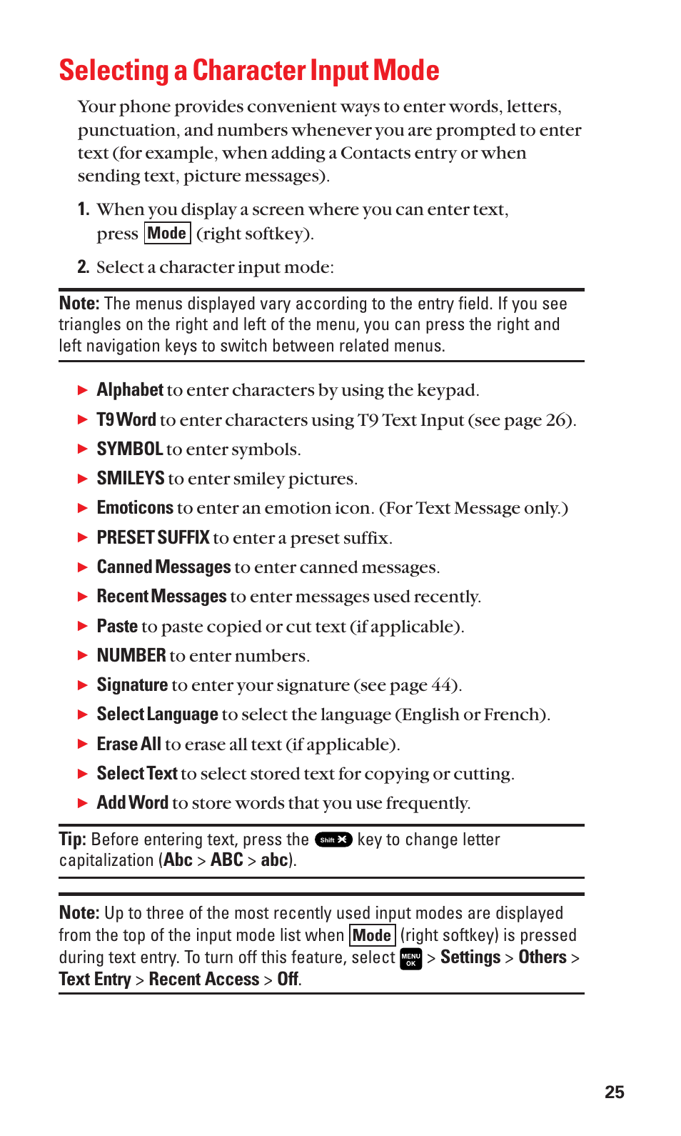 Selecting a character input mode | Sanyo Katana Cell Phone User Manual | Page 33 / 151