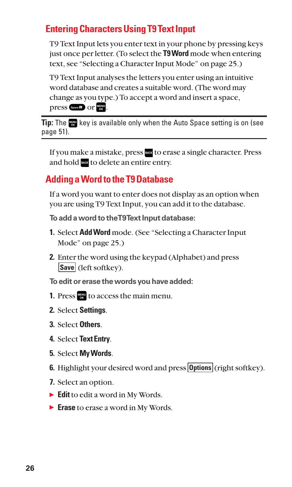 Entering characters using t9 text input, Adding a word to the t9 database | Sanyo Katana Cell Phone User Manual | Page 34 / 151