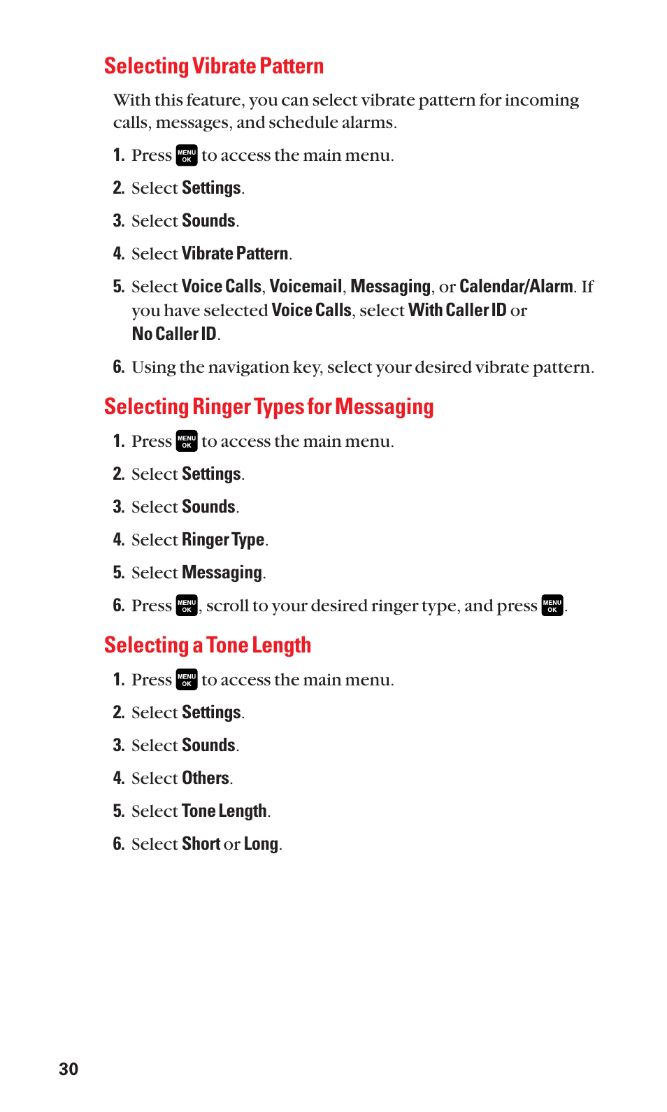 Selecting vibrate pattern, Selecting ringer types for messaging, Selecting a tone length | Sanyo Katana Cell Phone User Manual | Page 38 / 151