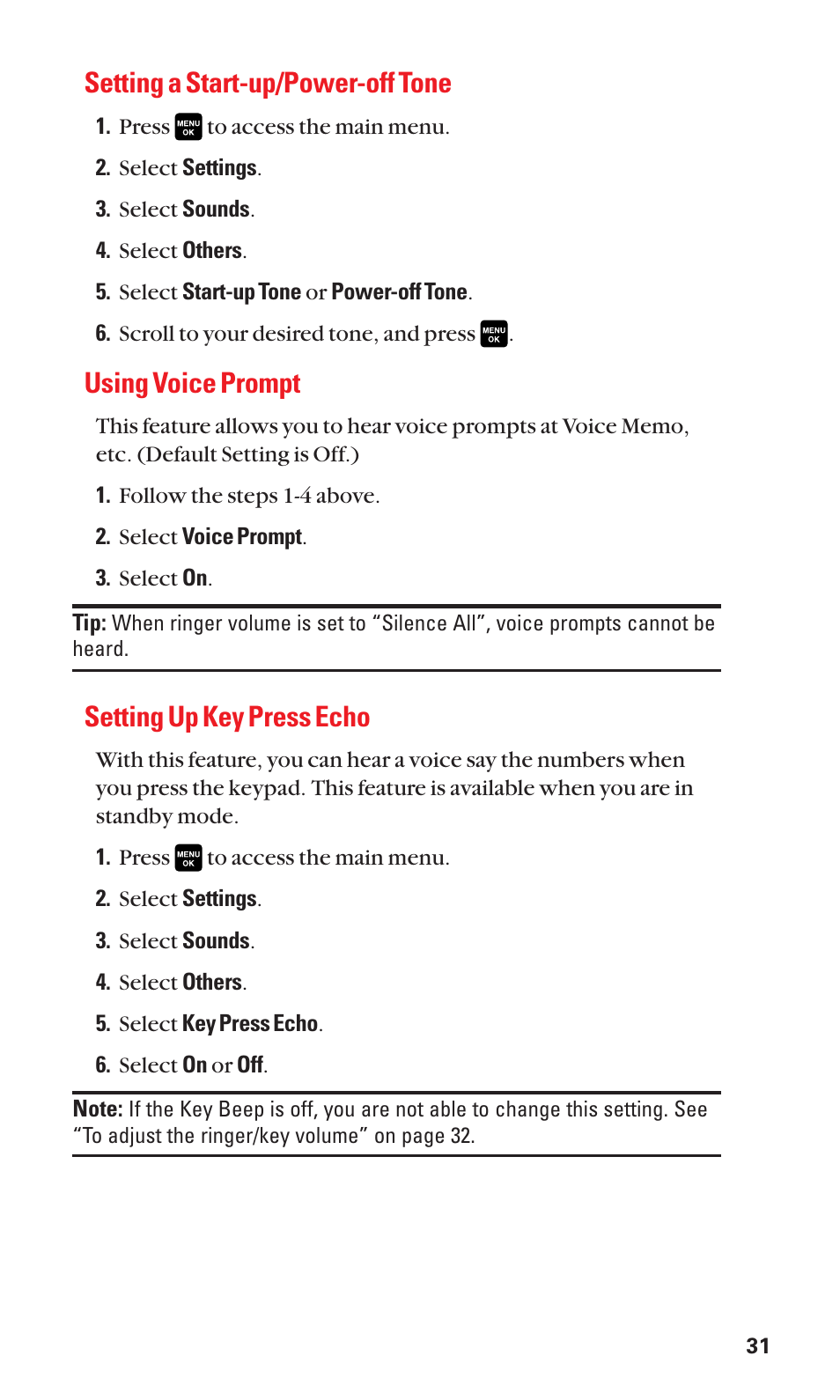 Setting a start-up/power-off tone, Using voice prompt, Setting up key press echo | Sanyo Katana Cell Phone User Manual | Page 39 / 151