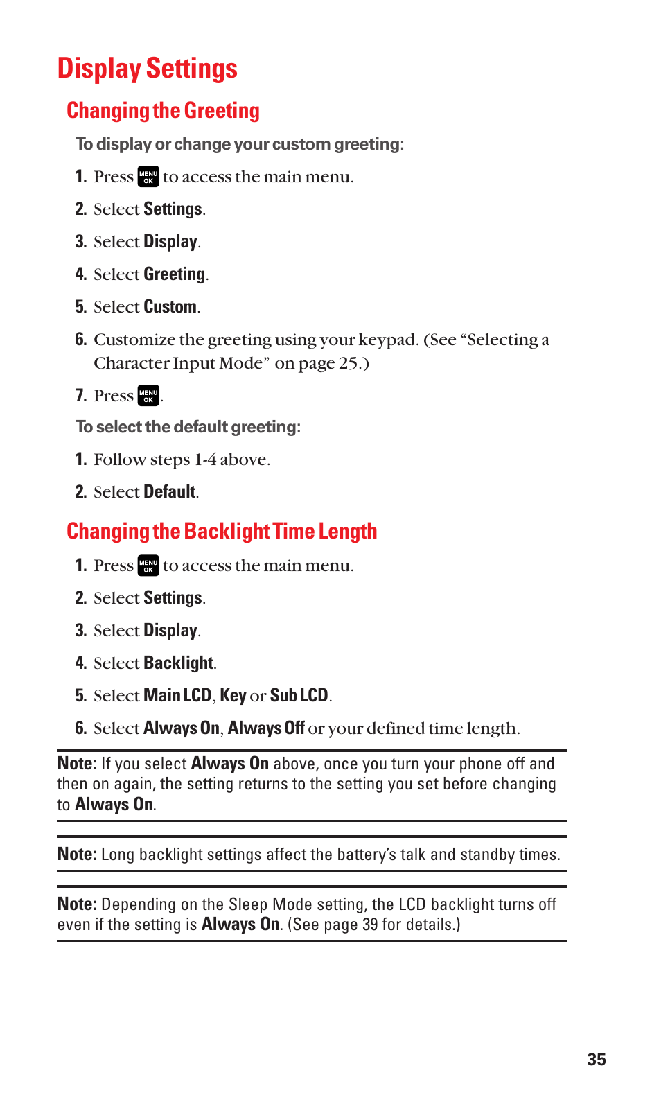 Display settings, Changing the greeting, Changing the backlight time length | Sanyo Katana Cell Phone User Manual | Page 43 / 151