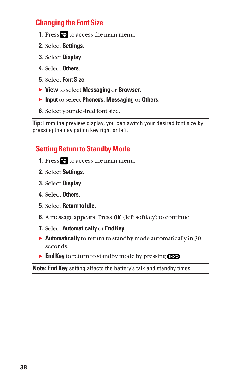 Changing the font size, Setting return to standby mode | Sanyo Katana Cell Phone User Manual | Page 46 / 151