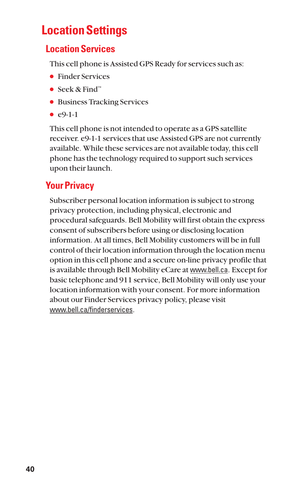 Location settings, Location services, Your privacy | Sanyo Katana Cell Phone User Manual | Page 48 / 151