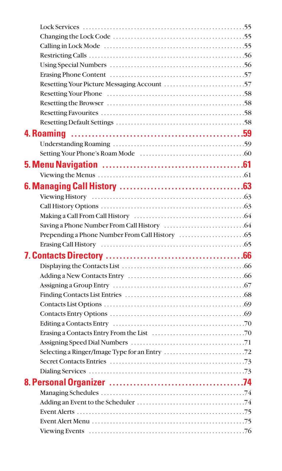 Roaming, Menu navigation, Managing call history | Contacts directory, Personal organizer | Sanyo Katana Cell Phone User Manual | Page 5 / 151