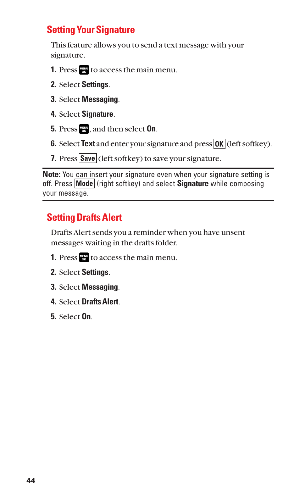 Setting your signature, Setting drafts alert | Sanyo Katana Cell Phone User Manual | Page 52 / 151