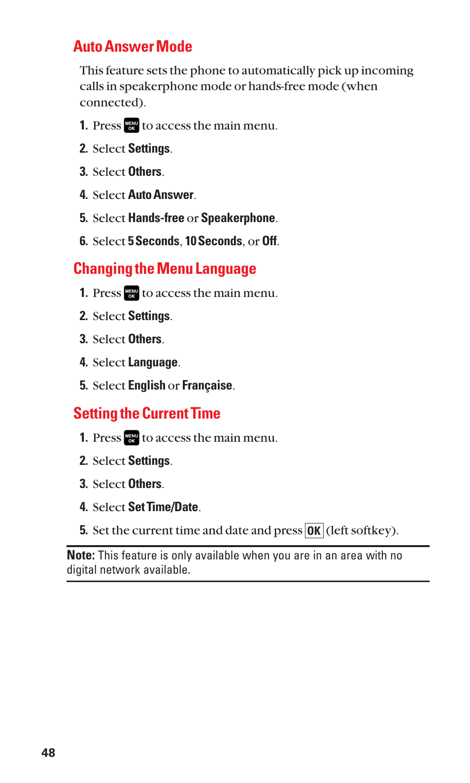 Auto answer mode, Changing the menu language, Setting the current time | Sanyo Katana Cell Phone User Manual | Page 56 / 151