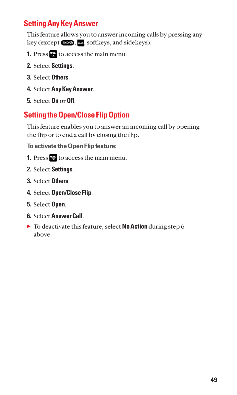 Setting any key answer, Setting the open/close flip option | Sanyo Katana Cell Phone User Manual | Page 57 / 151