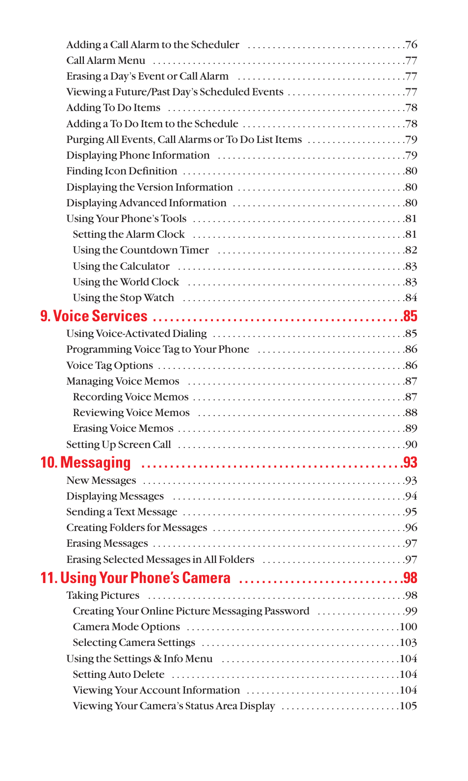 Voice services, Messaging, Using your phone’s camera | Sanyo Katana Cell Phone User Manual | Page 6 / 151