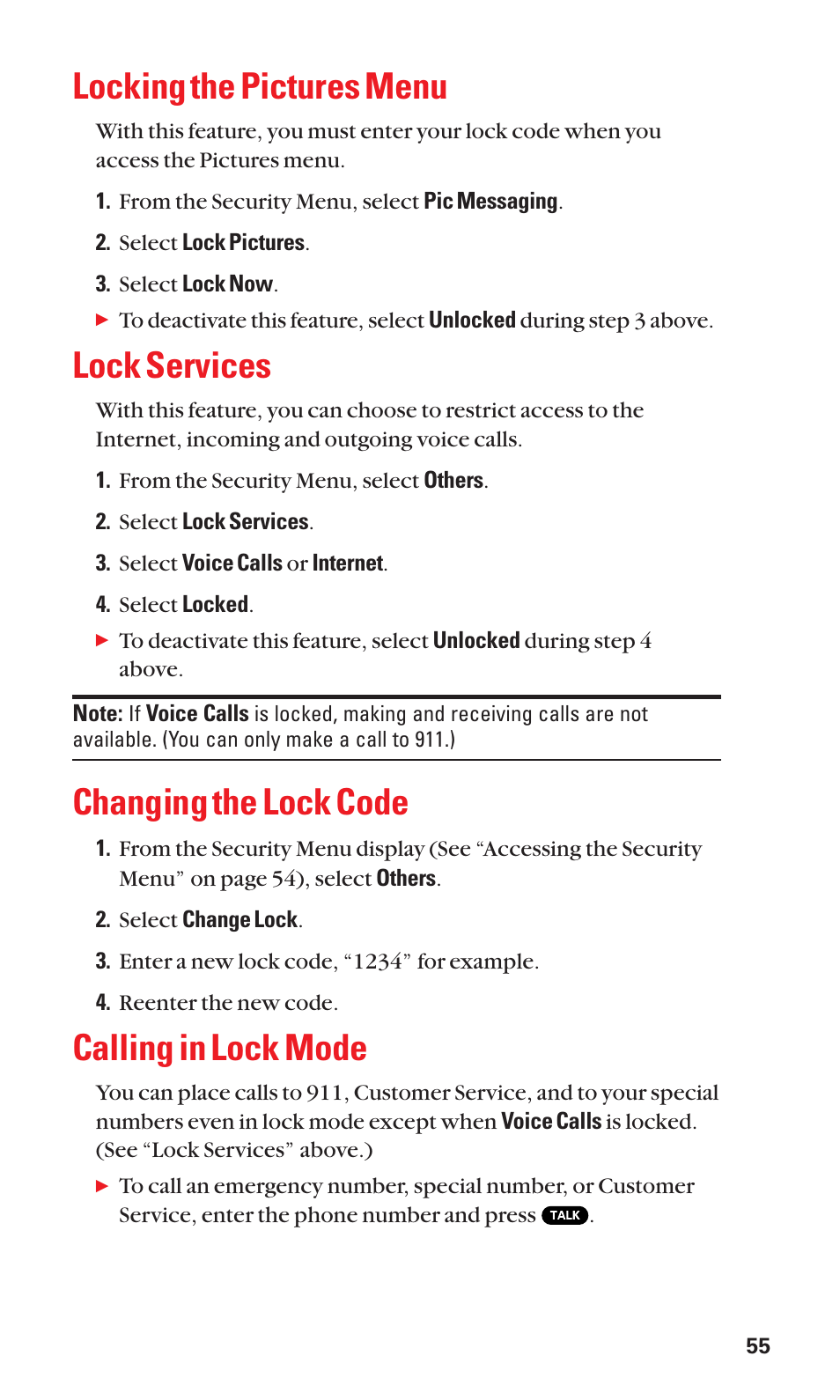 Locking the pictures menu, Lock services, Changing the lock code | Calling in lock mode | Sanyo Katana Cell Phone User Manual | Page 63 / 151