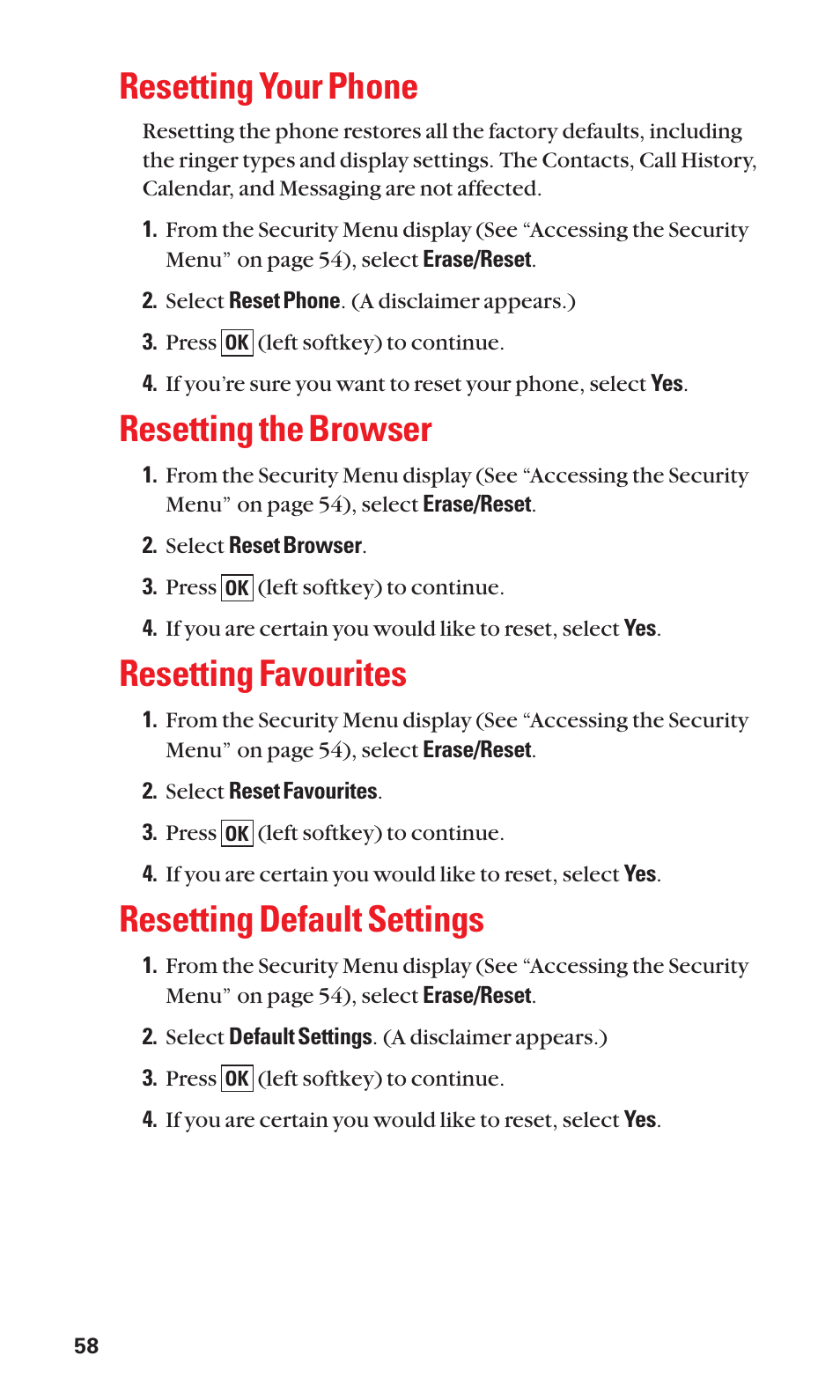 Resetting your phone, Resetting the browser, Resetting favourites | Resetting default settings | Sanyo Katana Cell Phone User Manual | Page 66 / 151