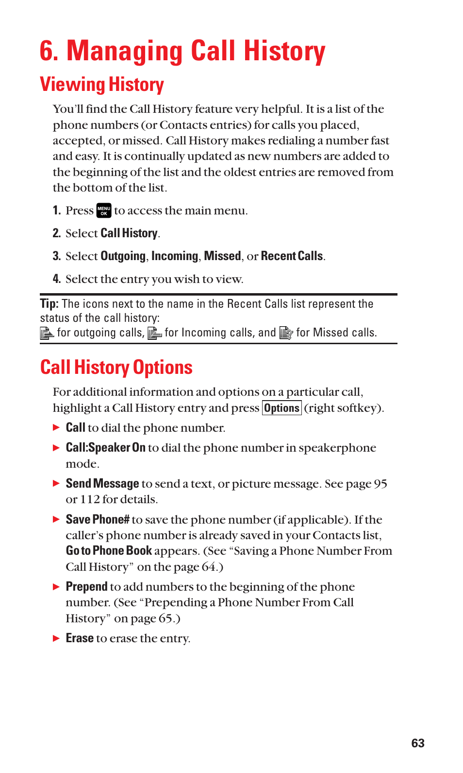 Managing call history, Viewing history, Call history options | Sanyo Katana Cell Phone User Manual | Page 71 / 151