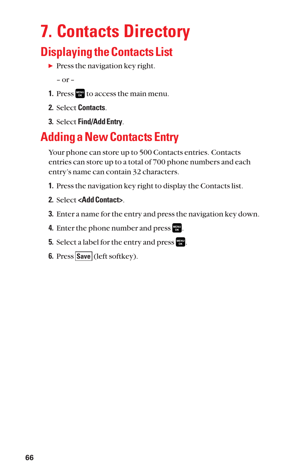 Contacts directory, Displaying the contacts list, Adding a new contacts entry | Sanyo Katana Cell Phone User Manual | Page 74 / 151