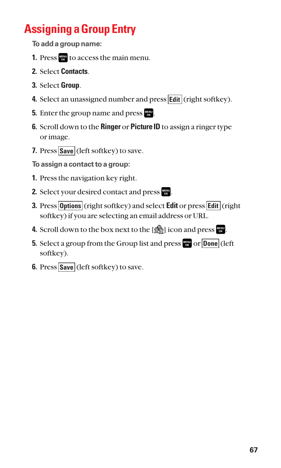 Assigning a group entry | Sanyo Katana Cell Phone User Manual | Page 75 / 151