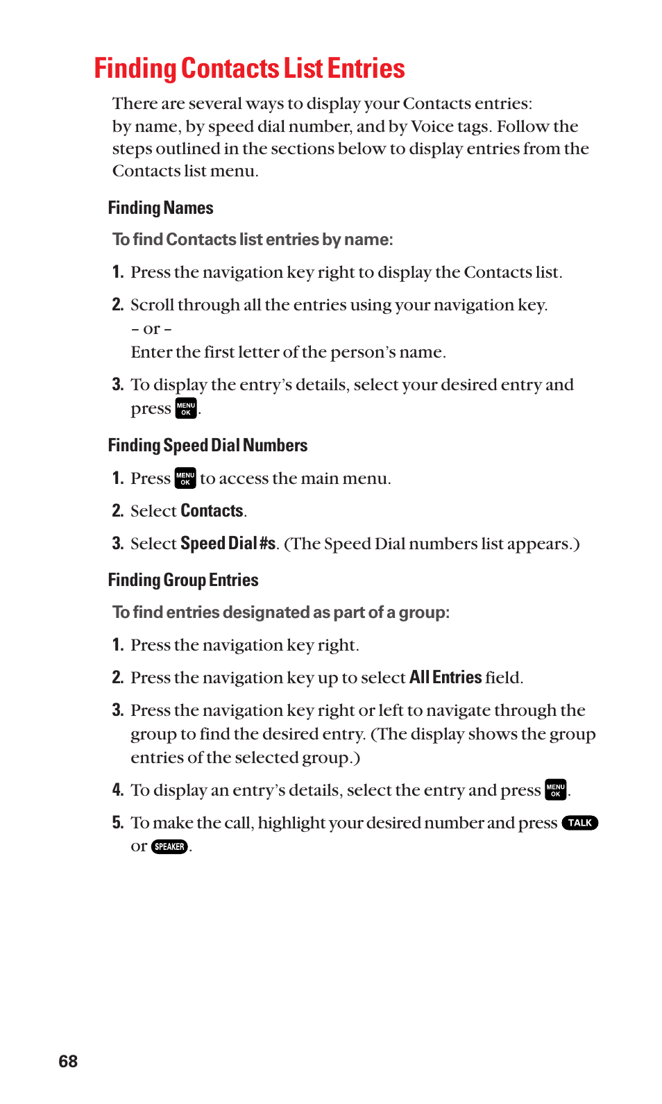 Finding contacts list entries | Sanyo Katana Cell Phone User Manual | Page 76 / 151