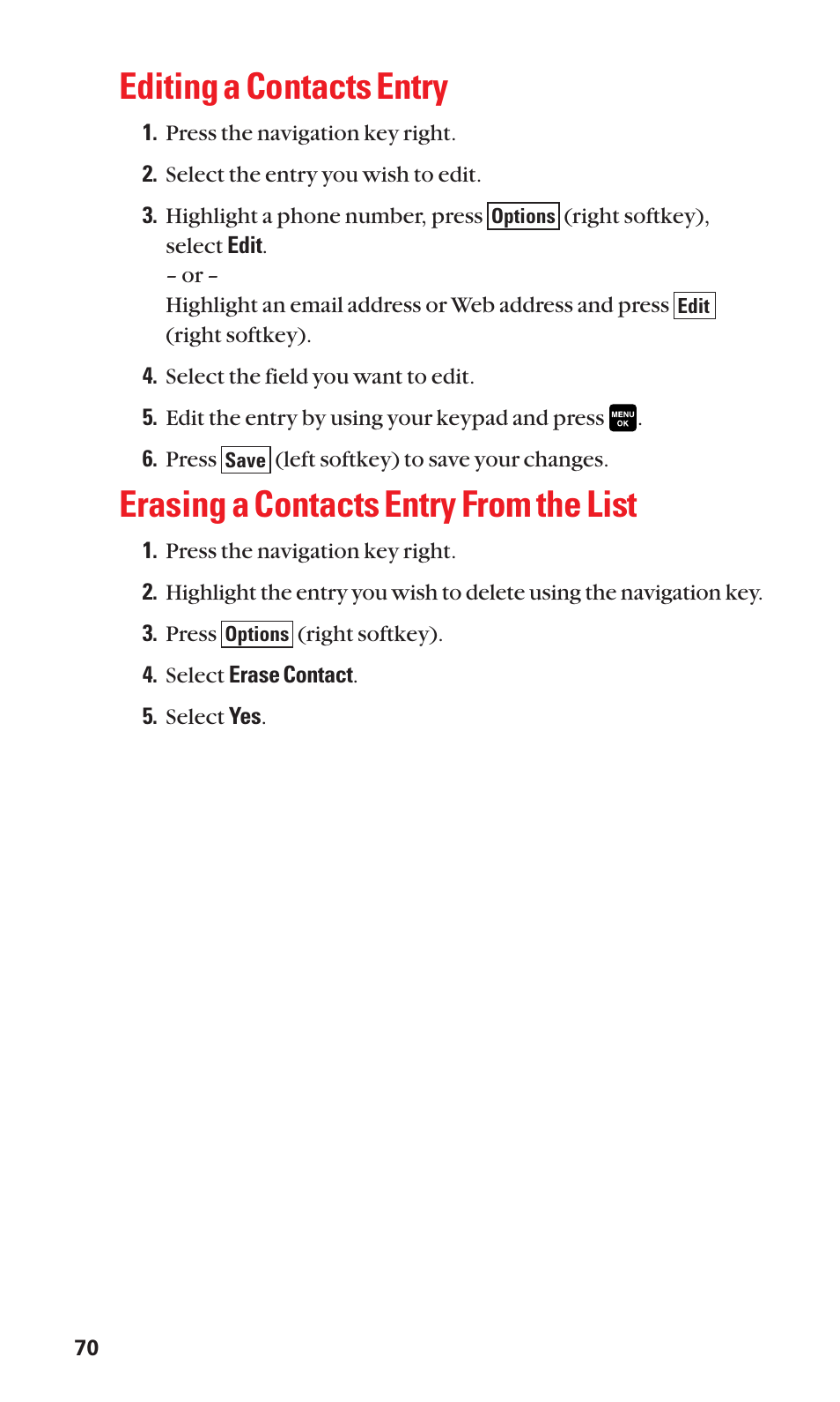 Editing a contacts entry, Erasing a contacts entry from the list | Sanyo Katana Cell Phone User Manual | Page 78 / 151