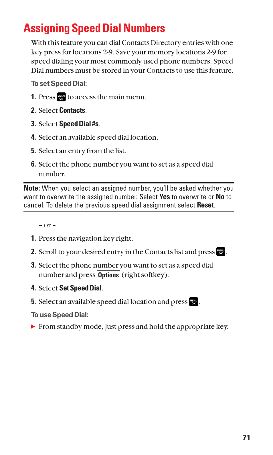 Assigning speed dial numbers | Sanyo Katana Cell Phone User Manual | Page 79 / 151