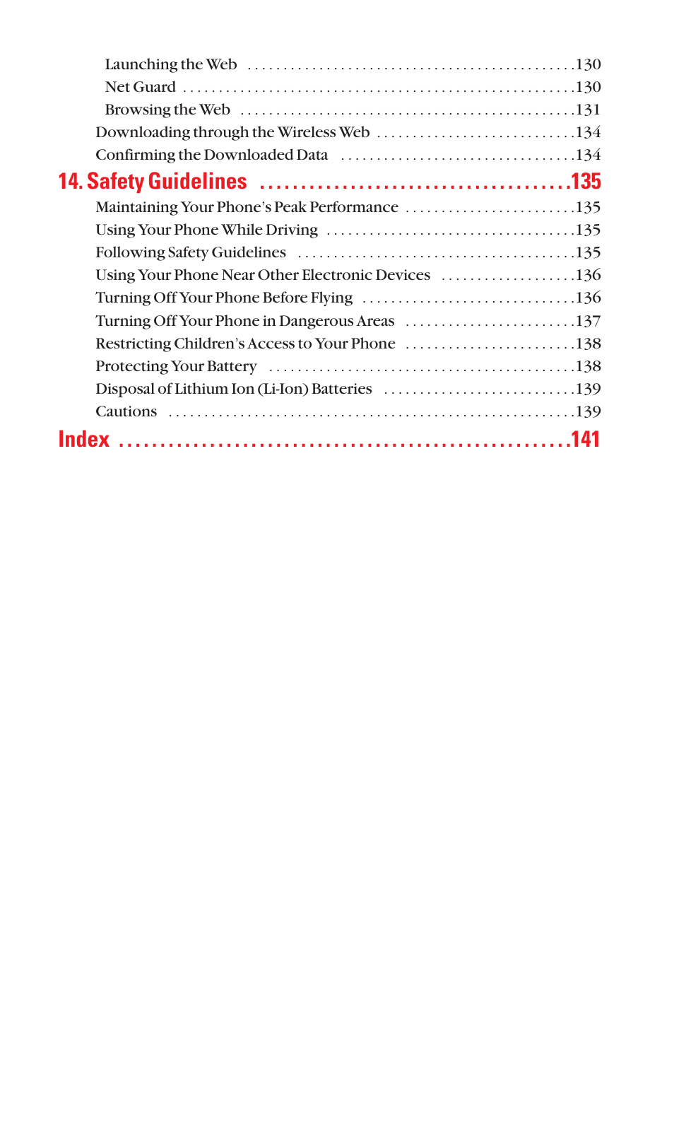 Safety guidelines, Index | Sanyo Katana Cell Phone User Manual | Page 8 / 151