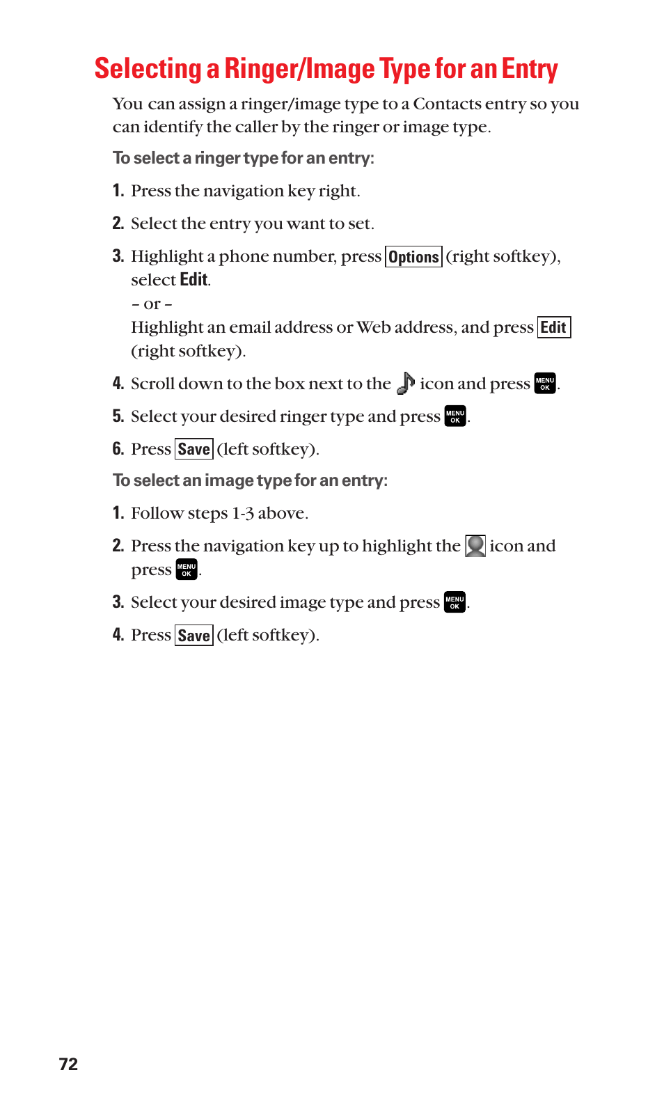 Selecting a ringer/image type for an entry | Sanyo Katana Cell Phone User Manual | Page 80 / 151