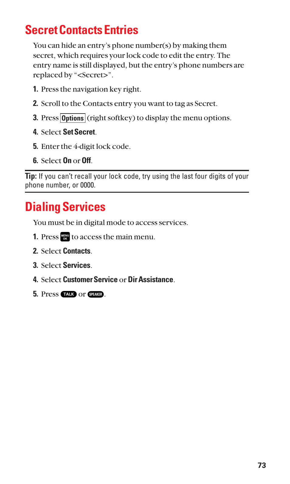 Secret contacts entries, Dialing services | Sanyo Katana Cell Phone User Manual | Page 81 / 151