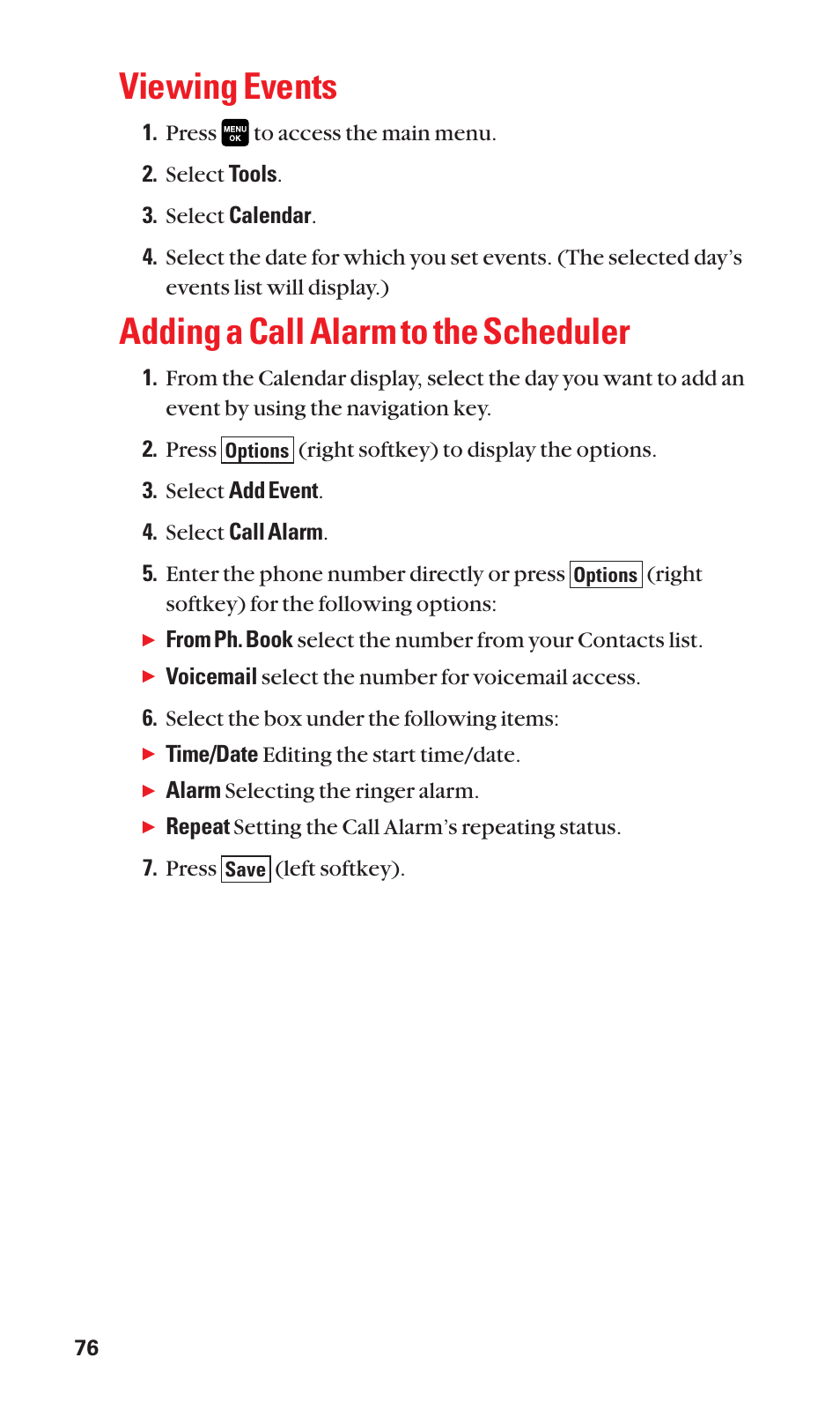 Viewing events, Adding a call alarm to the scheduler | Sanyo Katana Cell Phone User Manual | Page 84 / 151