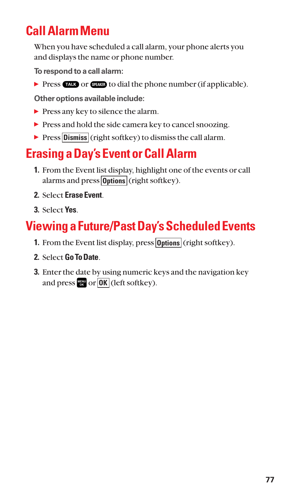 Call alarm menu, Erasing a day’s event or call alarm, Viewing a future/past day’s scheduled events | Sanyo Katana Cell Phone User Manual | Page 85 / 151