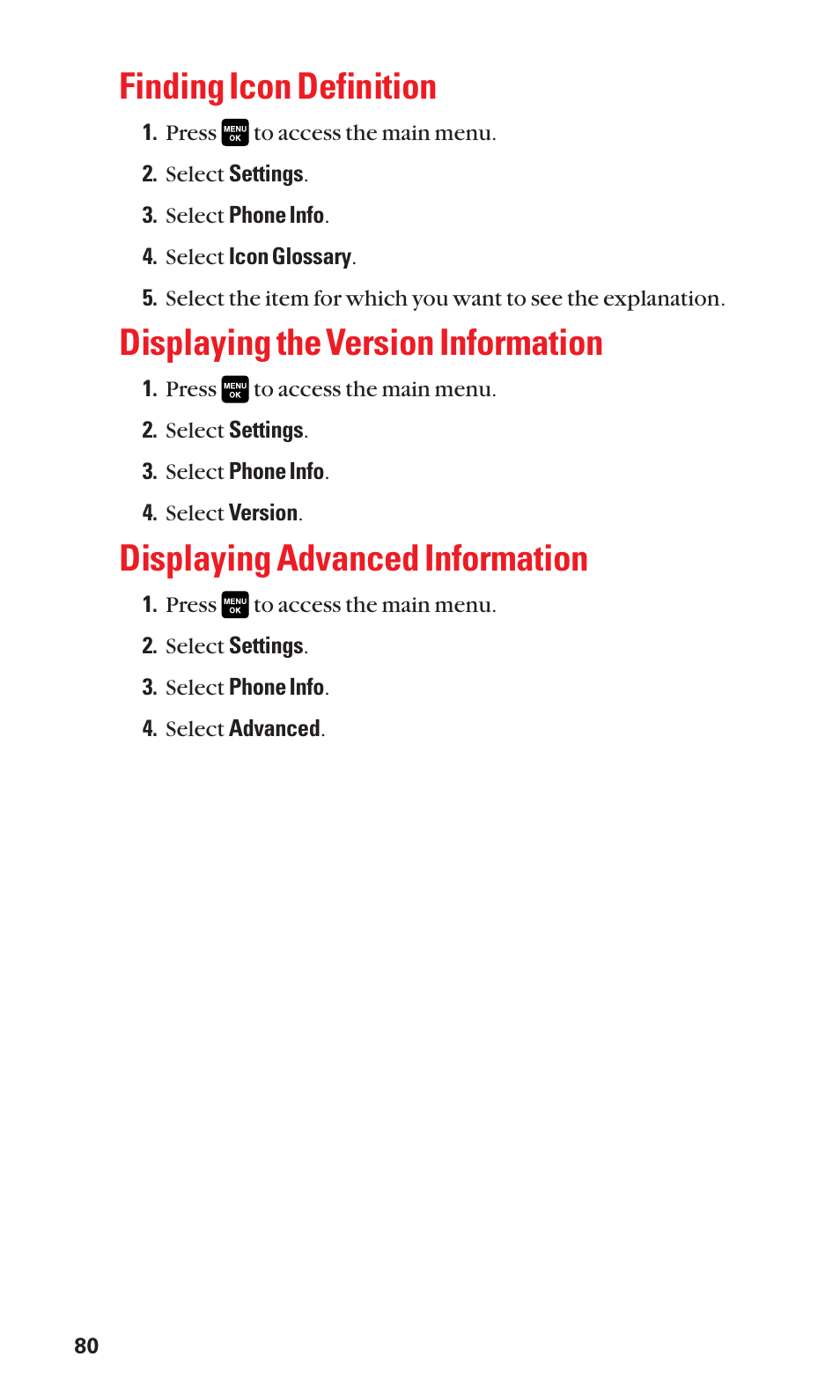 Finding icon definition, Displaying the version information, Displaying advanced information | Sanyo Katana Cell Phone User Manual | Page 88 / 151