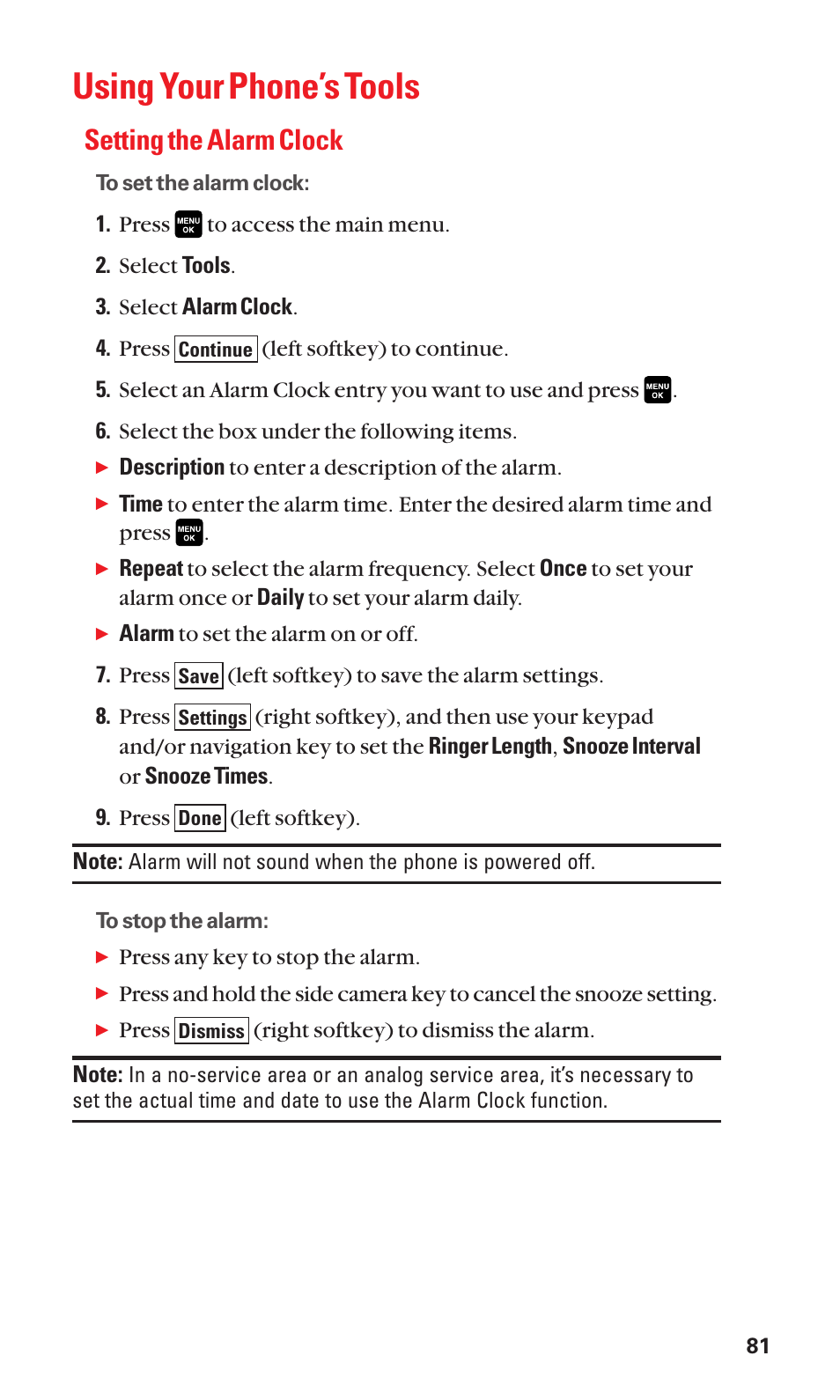 Using your phone’s tools, Setting the alarm clock | Sanyo Katana Cell Phone User Manual | Page 89 / 151