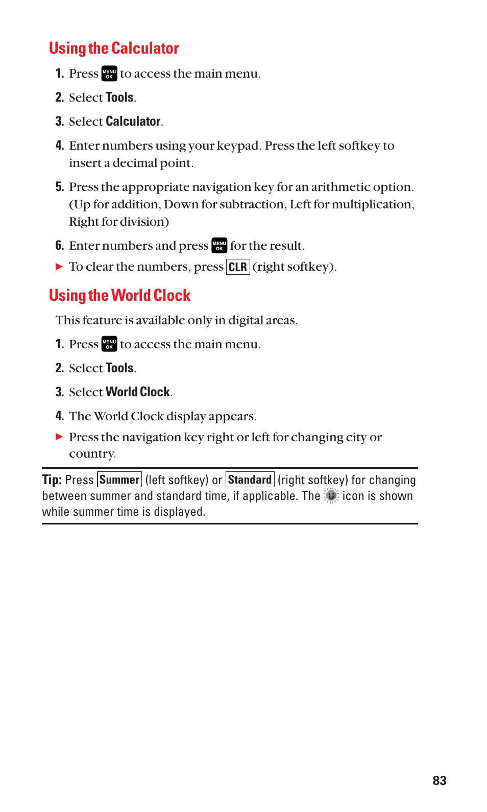 Using the calculator, Using the world clock | Sanyo Katana Cell Phone User Manual | Page 91 / 151