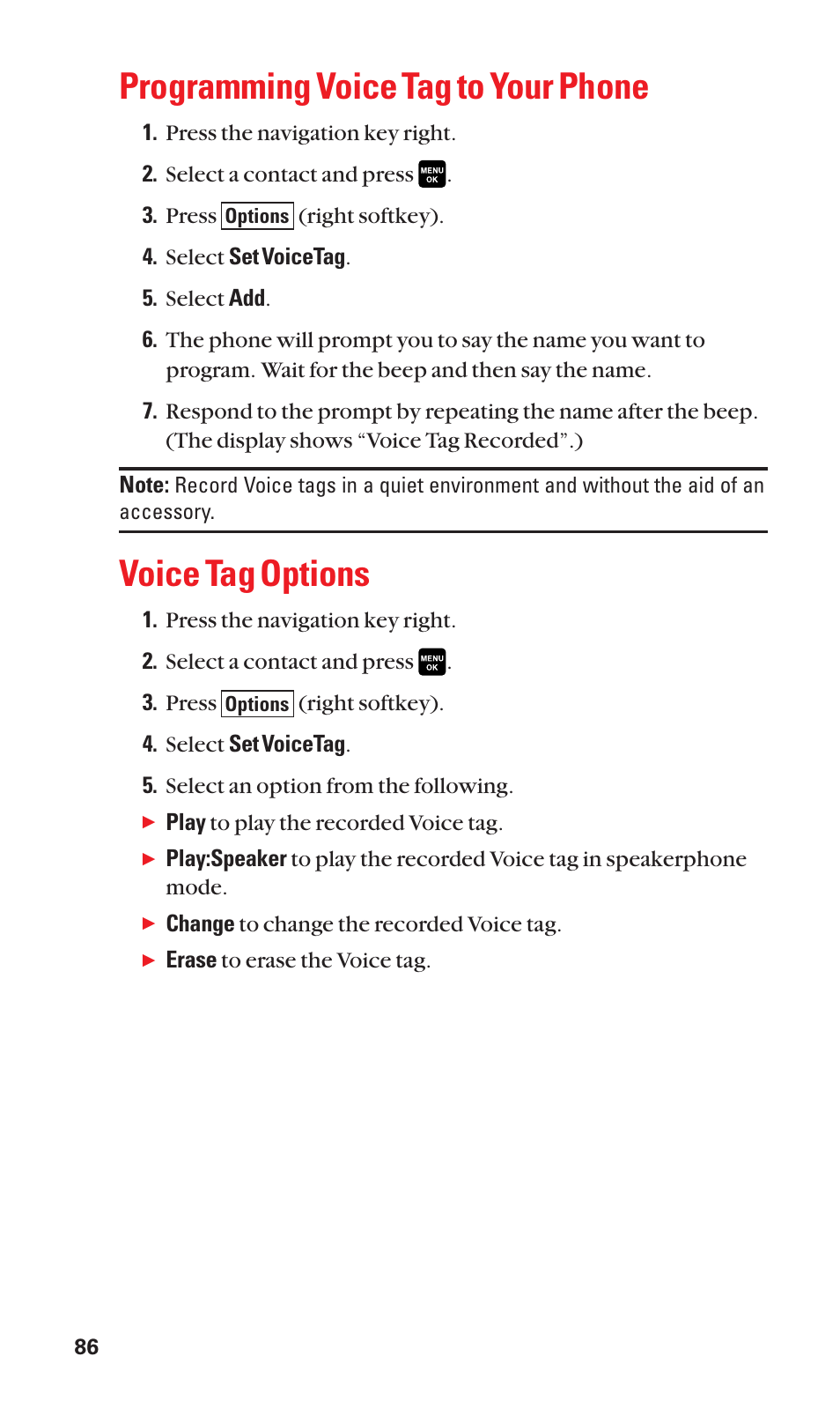 Programming voice tag to your phone, Voice tag options | Sanyo Katana Cell Phone User Manual | Page 94 / 151