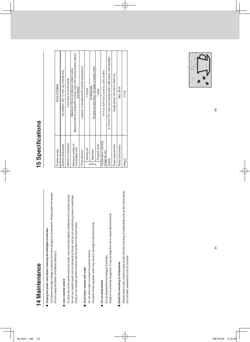 Ai n te n an ce, P ec if ic at io n s, Intelligent controller (sha-kt256ba) | Remote control functions | Sanyo CHX06052 User Manual | Page 128 / 190