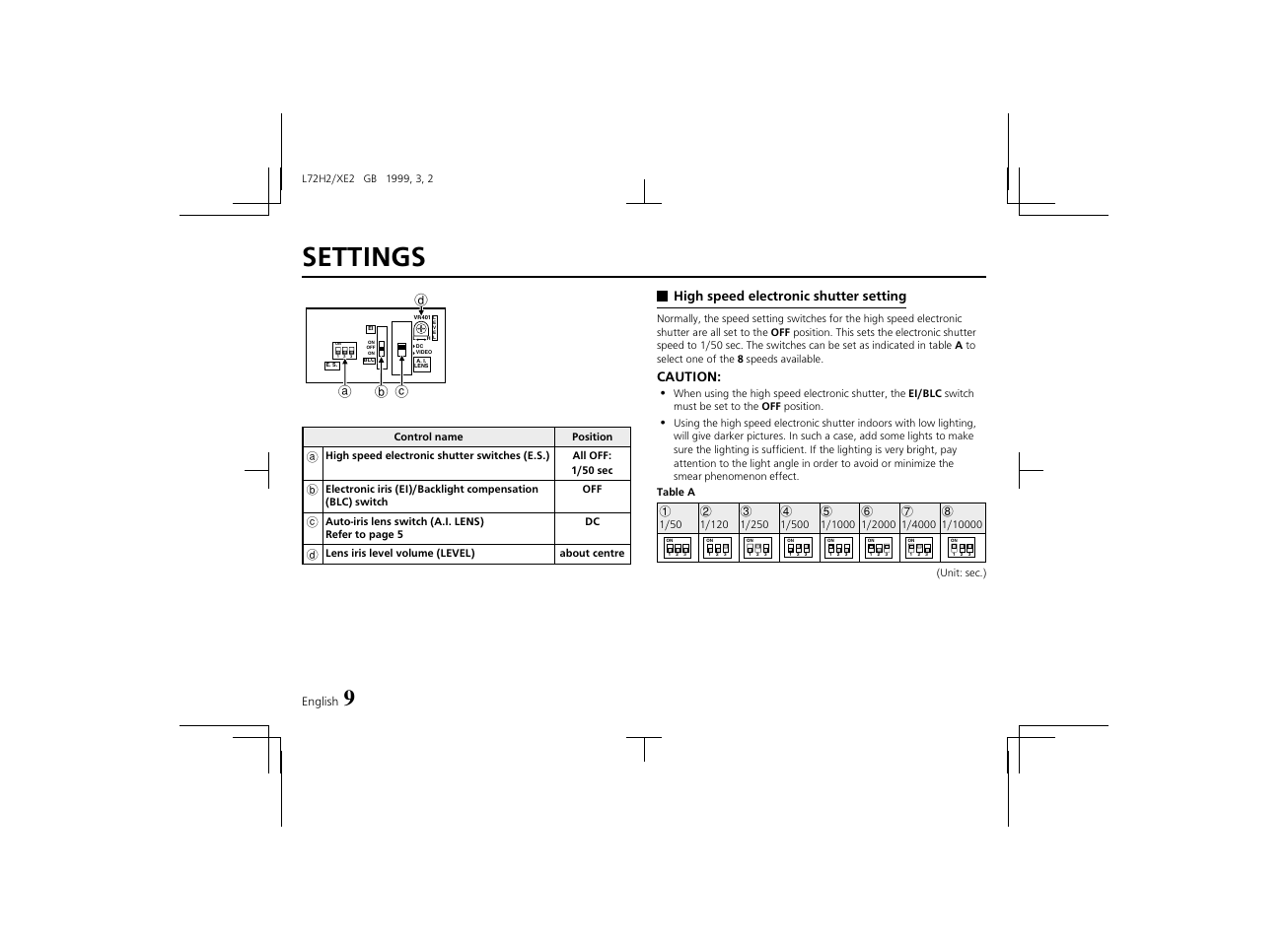 Settings, High speed electronic shutter setting, Caution | Da b c | Sanyo VCB-3572IRP User Manual | Page 10 / 15
