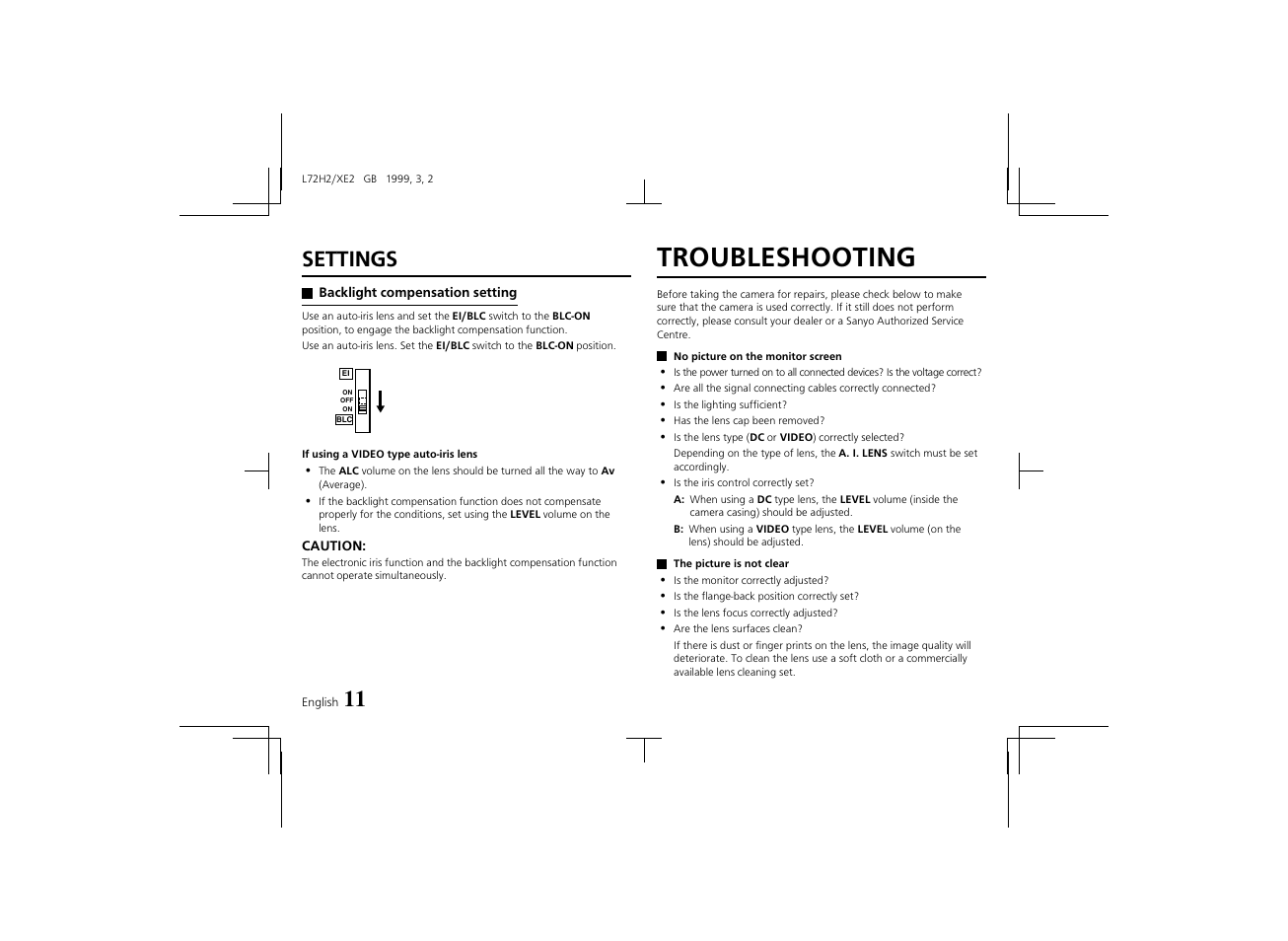 Troubleshooting, Settings | Sanyo VCB-3572IRP User Manual | Page 12 / 15