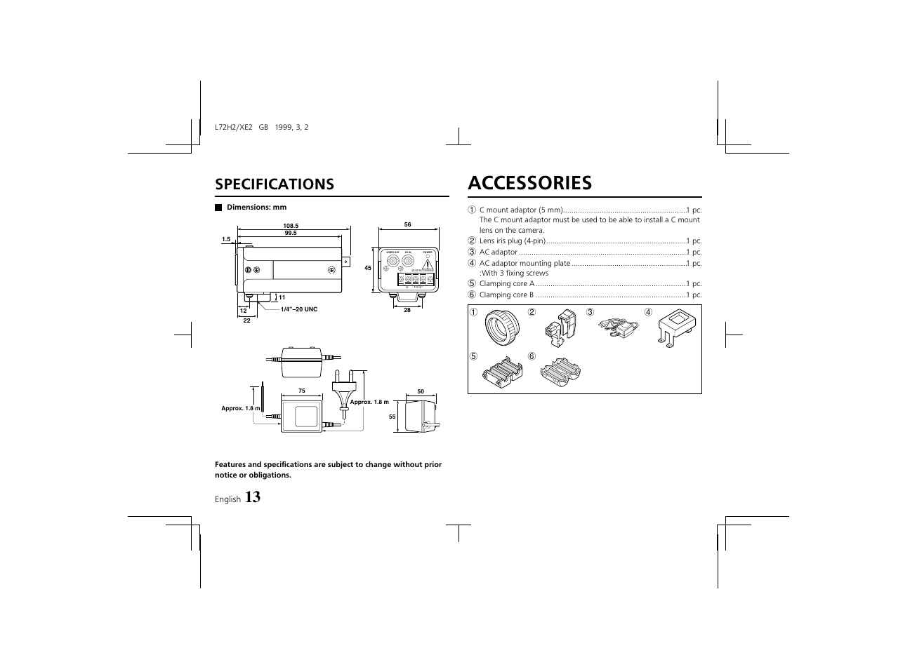 Accessories, Specifications | Sanyo VCB-3572IRP User Manual | Page 14 / 15