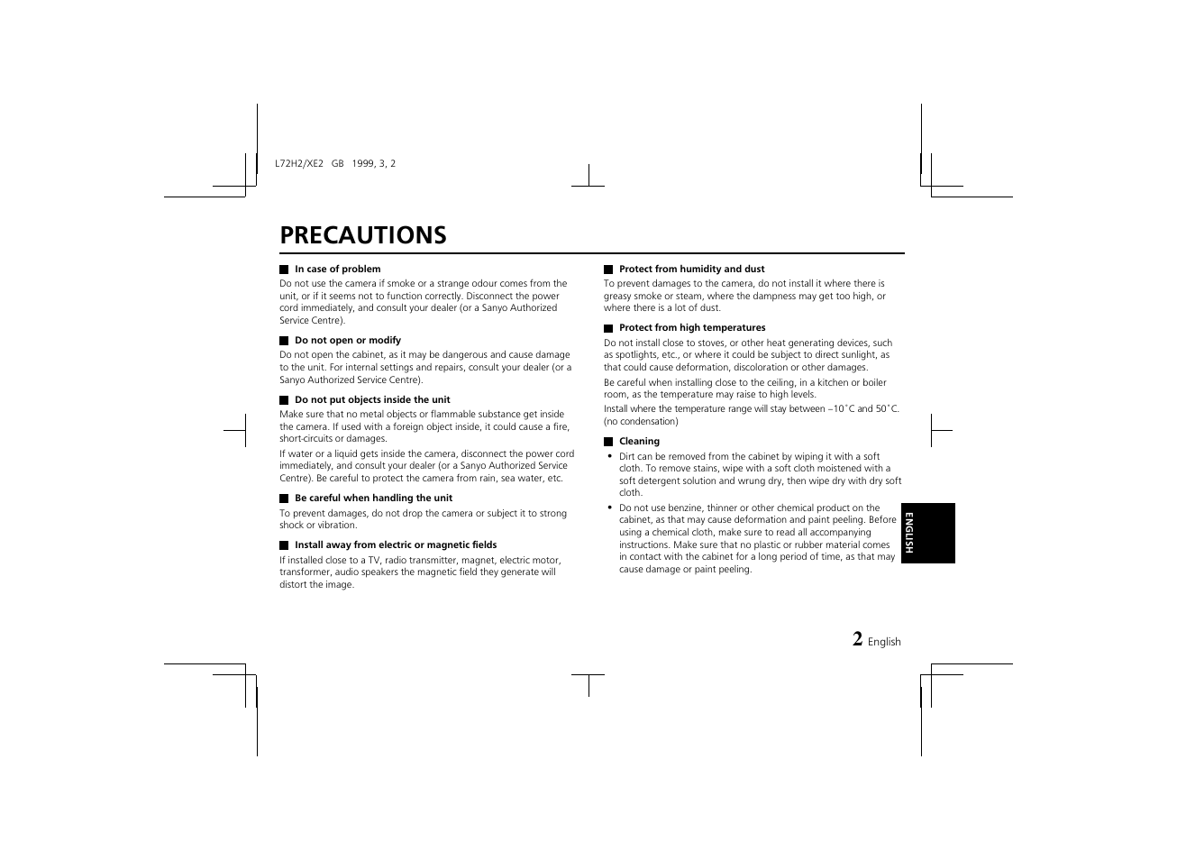 Precautions | Sanyo VCB-3572IRP User Manual | Page 3 / 15
