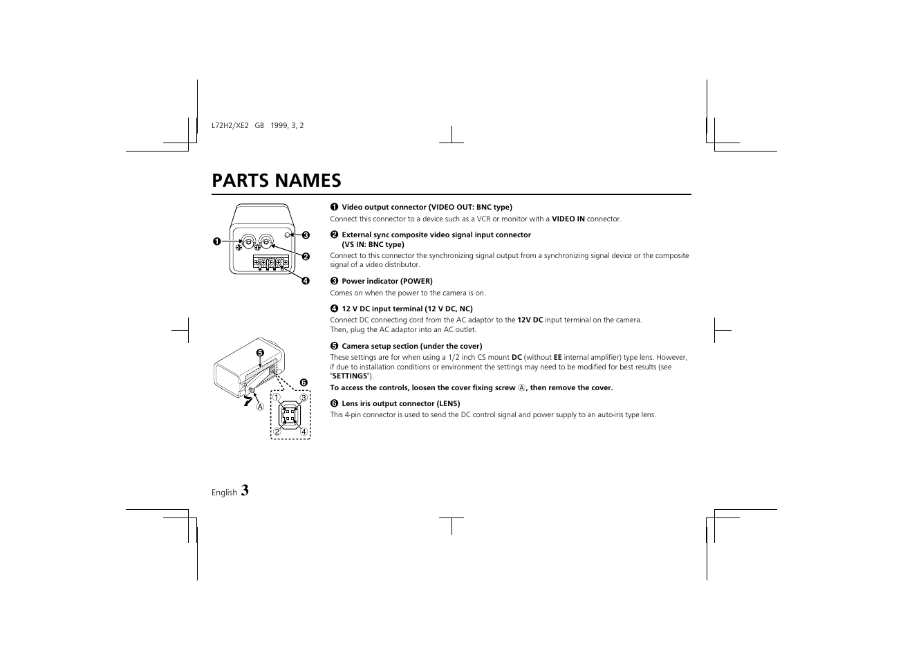 Parts names | Sanyo VCB-3572IRP User Manual | Page 4 / 15