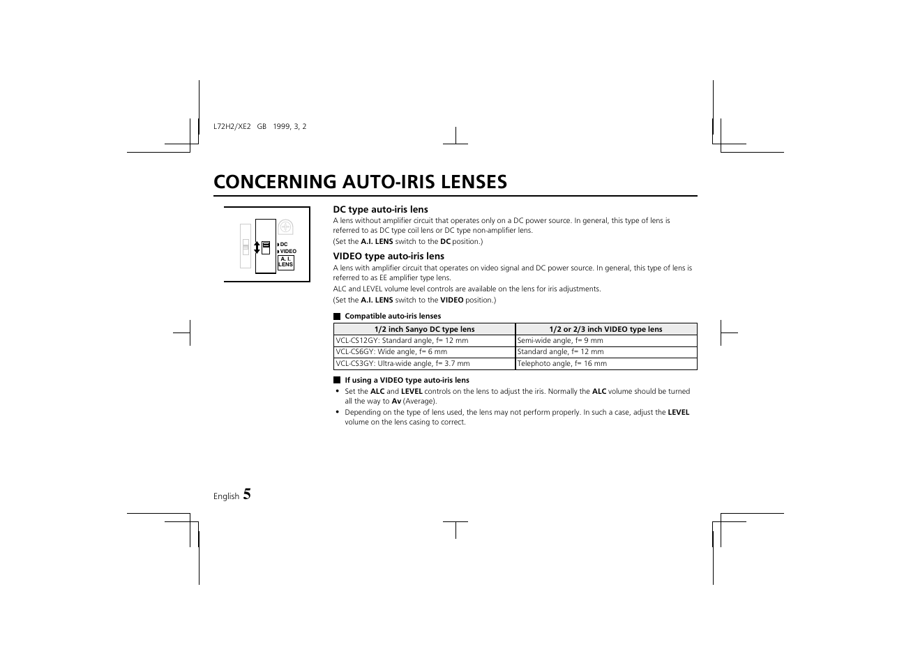 Concerning auto-iris lenses | Sanyo VCB-3572IRP User Manual | Page 6 / 15