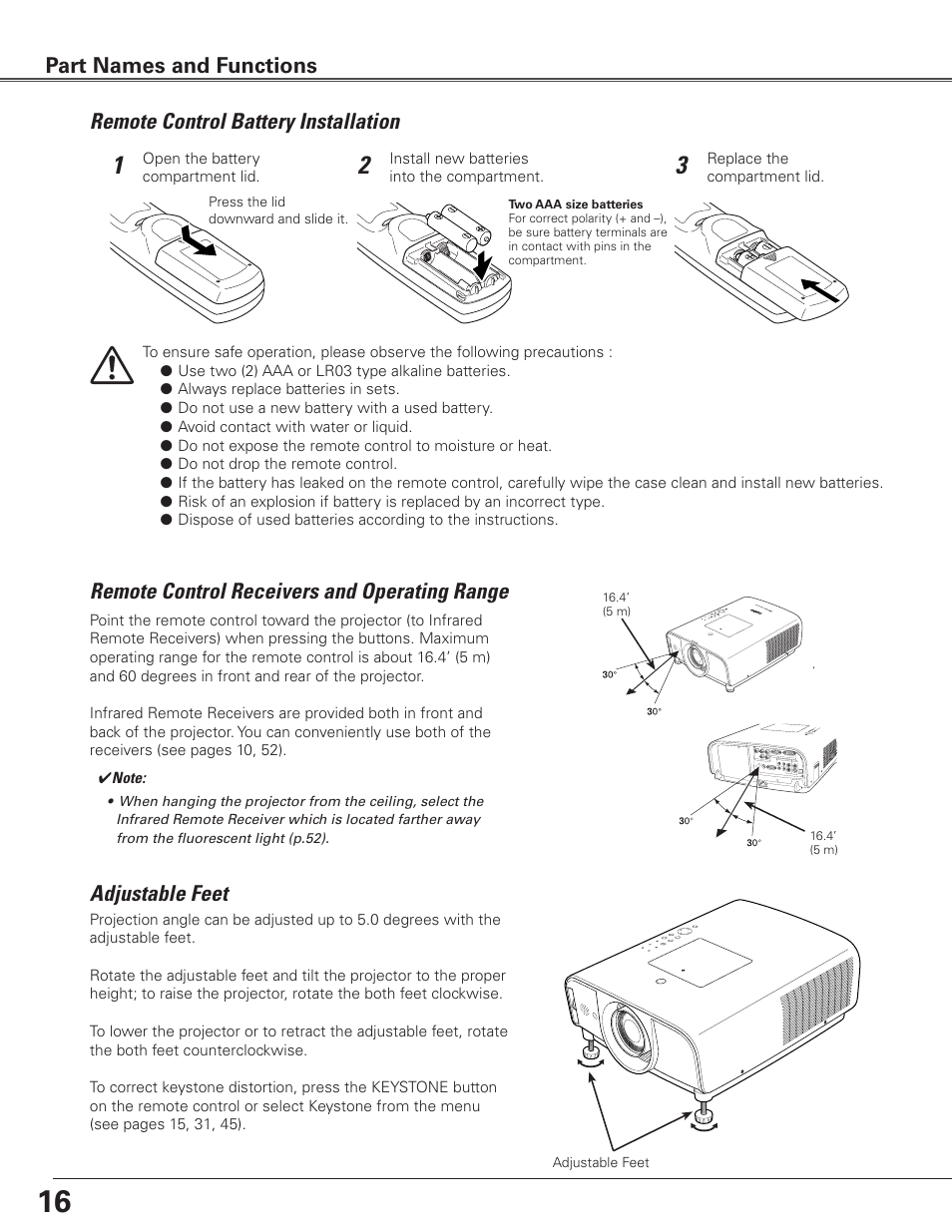 Remote control battery installation, Remote control receivers and operating range, Adjustable feet | Part names and functions | Sanyo PLC-ET30L User Manual | Page 16 / 78