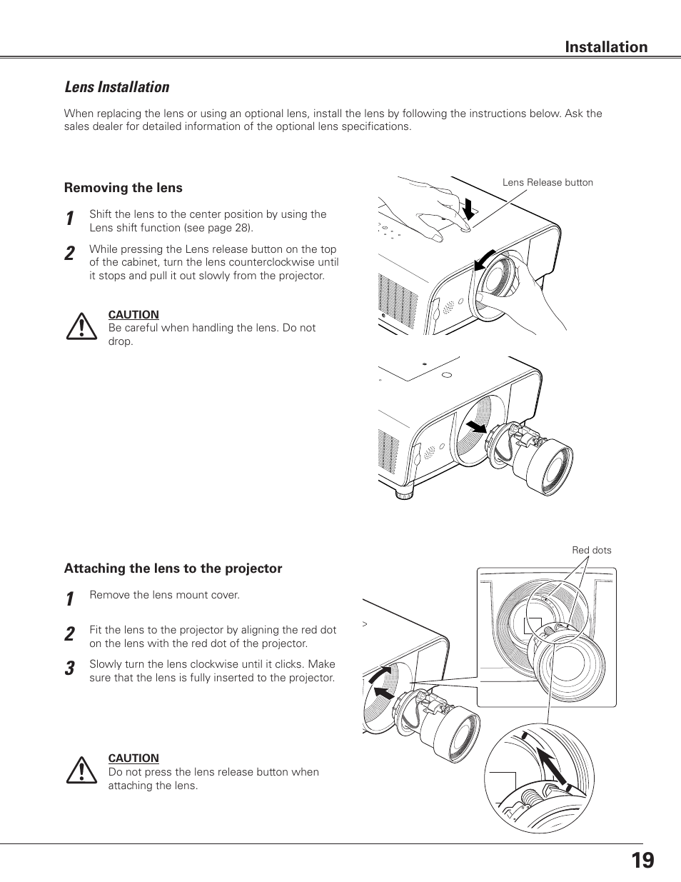 Lens installation, Lens installation installation | Sanyo PLC-ET30L User Manual | Page 19 / 78