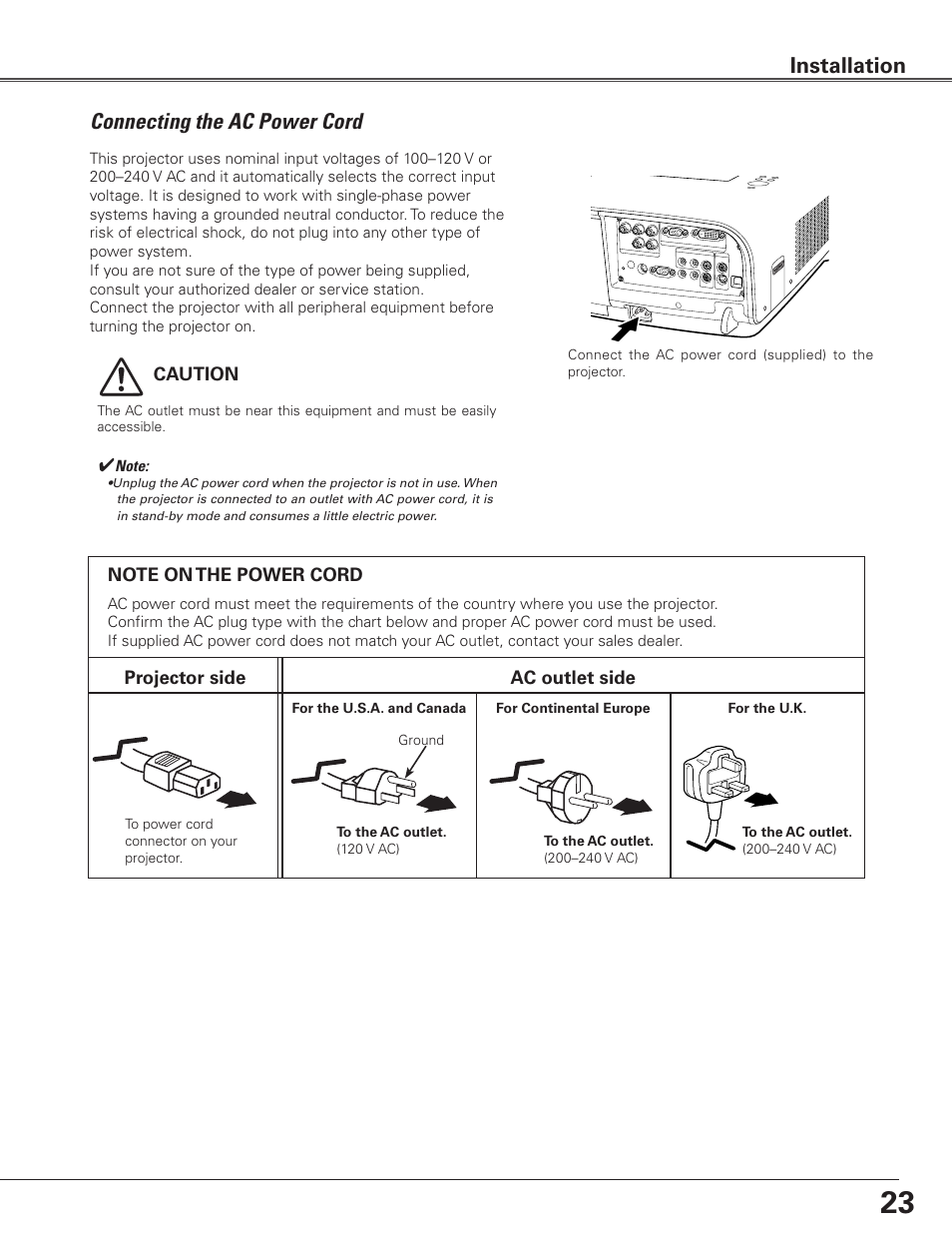Connecting the ac power cord, Installation | Sanyo PLC-ET30L User Manual | Page 23 / 78