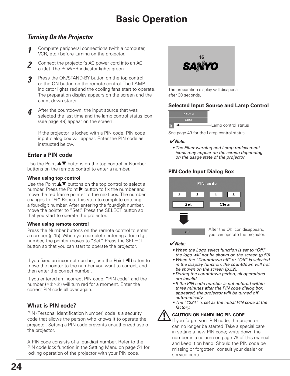Basic operation, Turning on the projector | Sanyo PLC-ET30L User Manual | Page 24 / 78