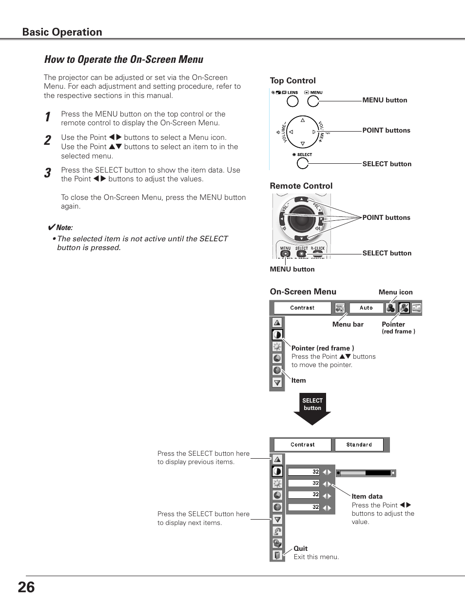 How to operate the on-screen menu, Basic operation | Sanyo PLC-ET30L User Manual | Page 26 / 78