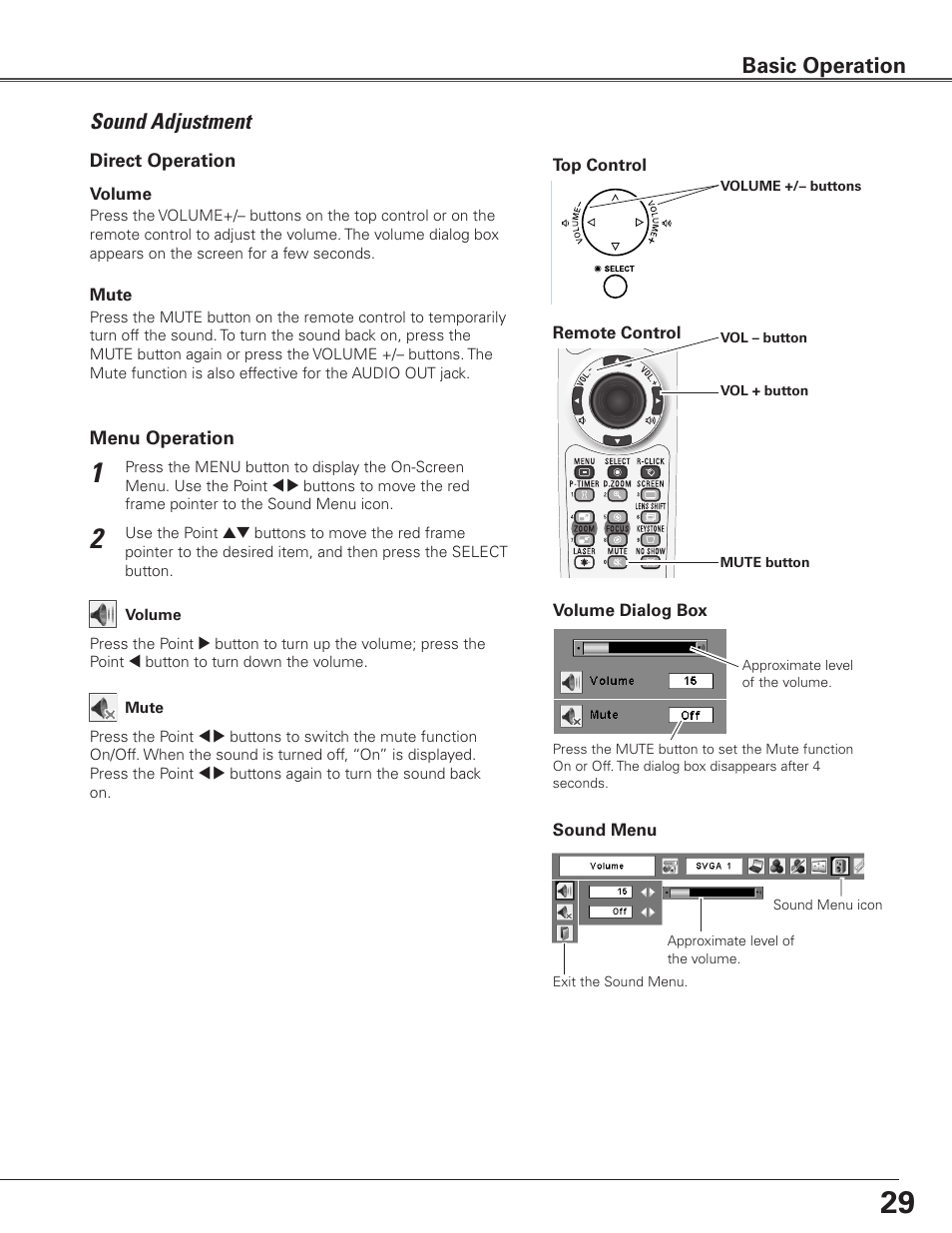Sound adjustment, Basic operation | Sanyo PLC-ET30L User Manual | Page 29 / 78