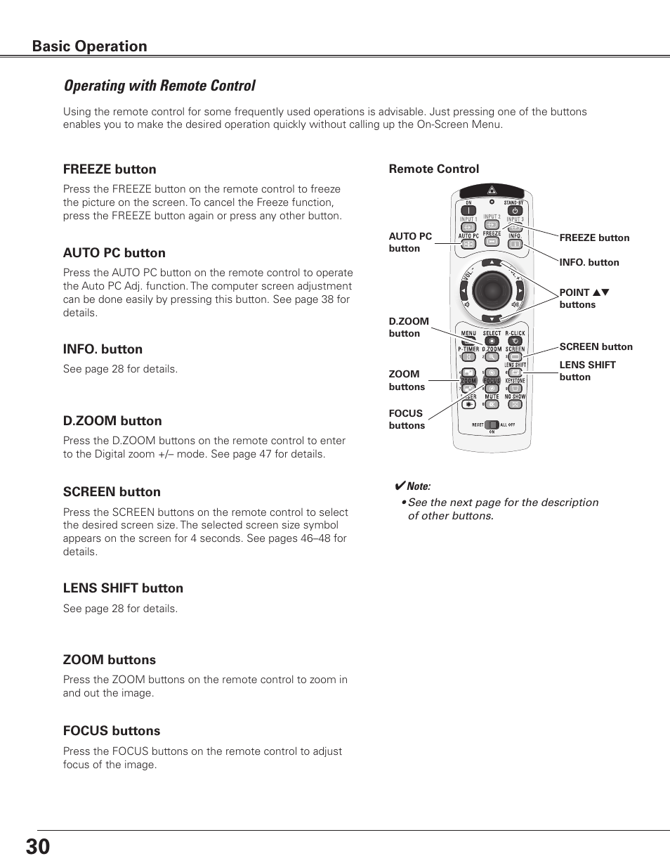 Operating with remote control, Basic operation | Sanyo PLC-ET30L User Manual | Page 30 / 78