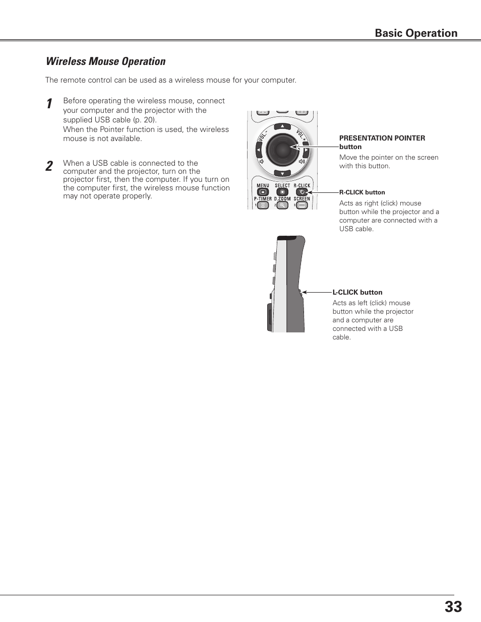 Wireless mouse operation, Basic operation | Sanyo PLC-ET30L User Manual | Page 33 / 78