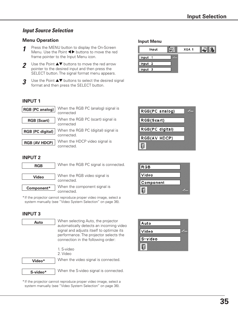 Input source selection, Input selection | Sanyo PLC-ET30L User Manual | Page 35 / 78