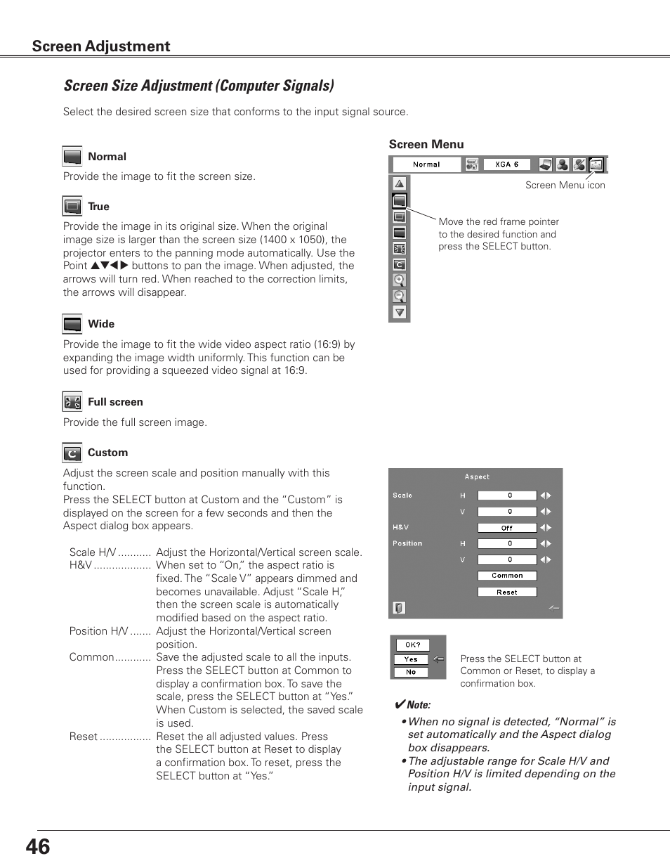 Screen size adjustment (computer signals), Screen adjustment | Sanyo PLC-ET30L User Manual | Page 46 / 78