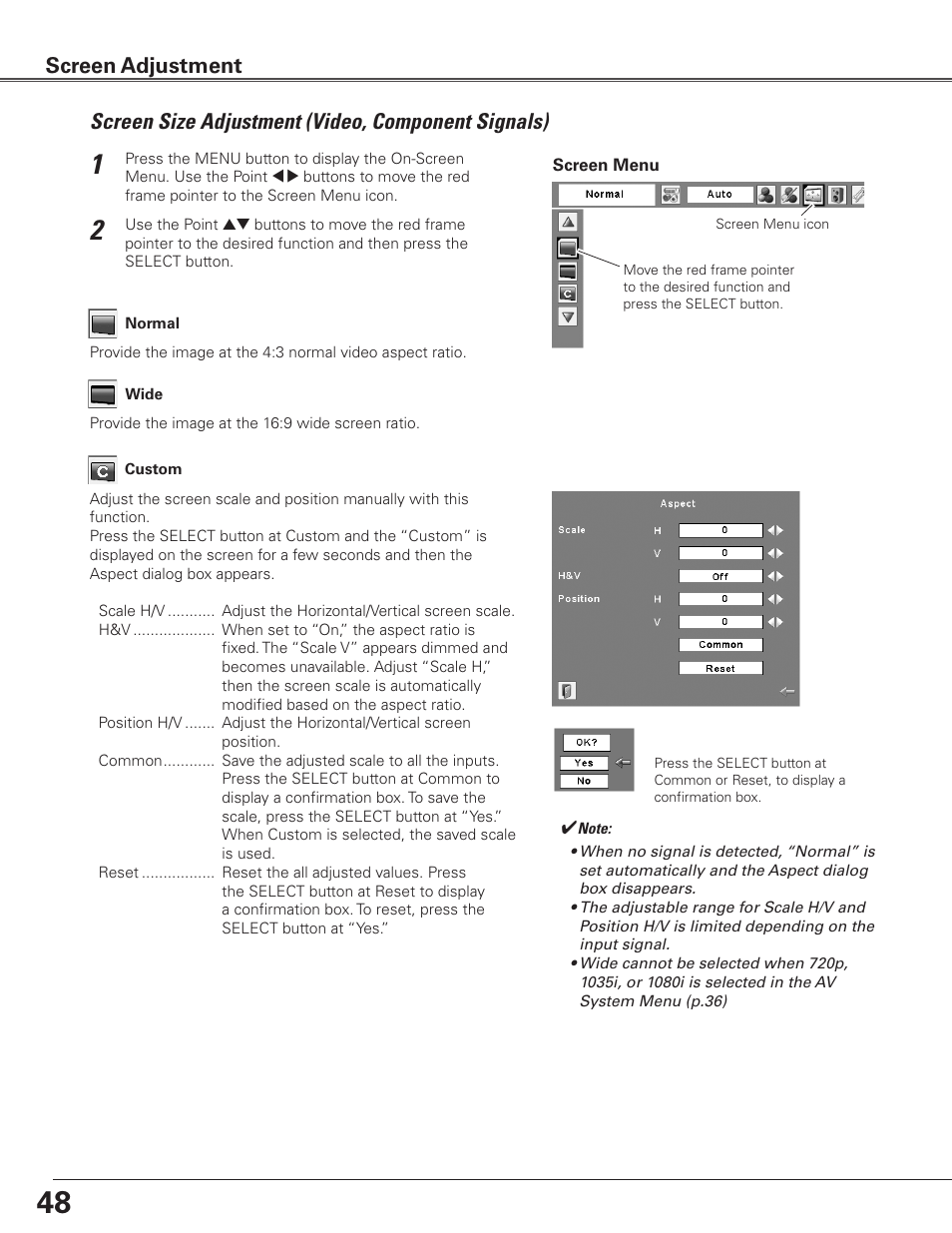 Screen size adjustment (video, component signals), Screen adjustment | Sanyo PLC-ET30L User Manual | Page 48 / 78