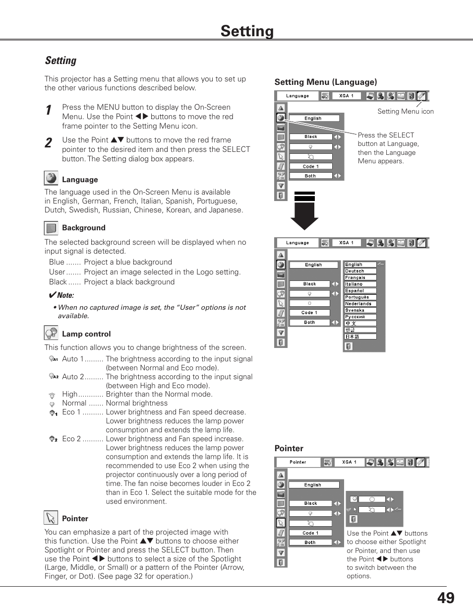 Setting | Sanyo PLC-ET30L User Manual | Page 49 / 78